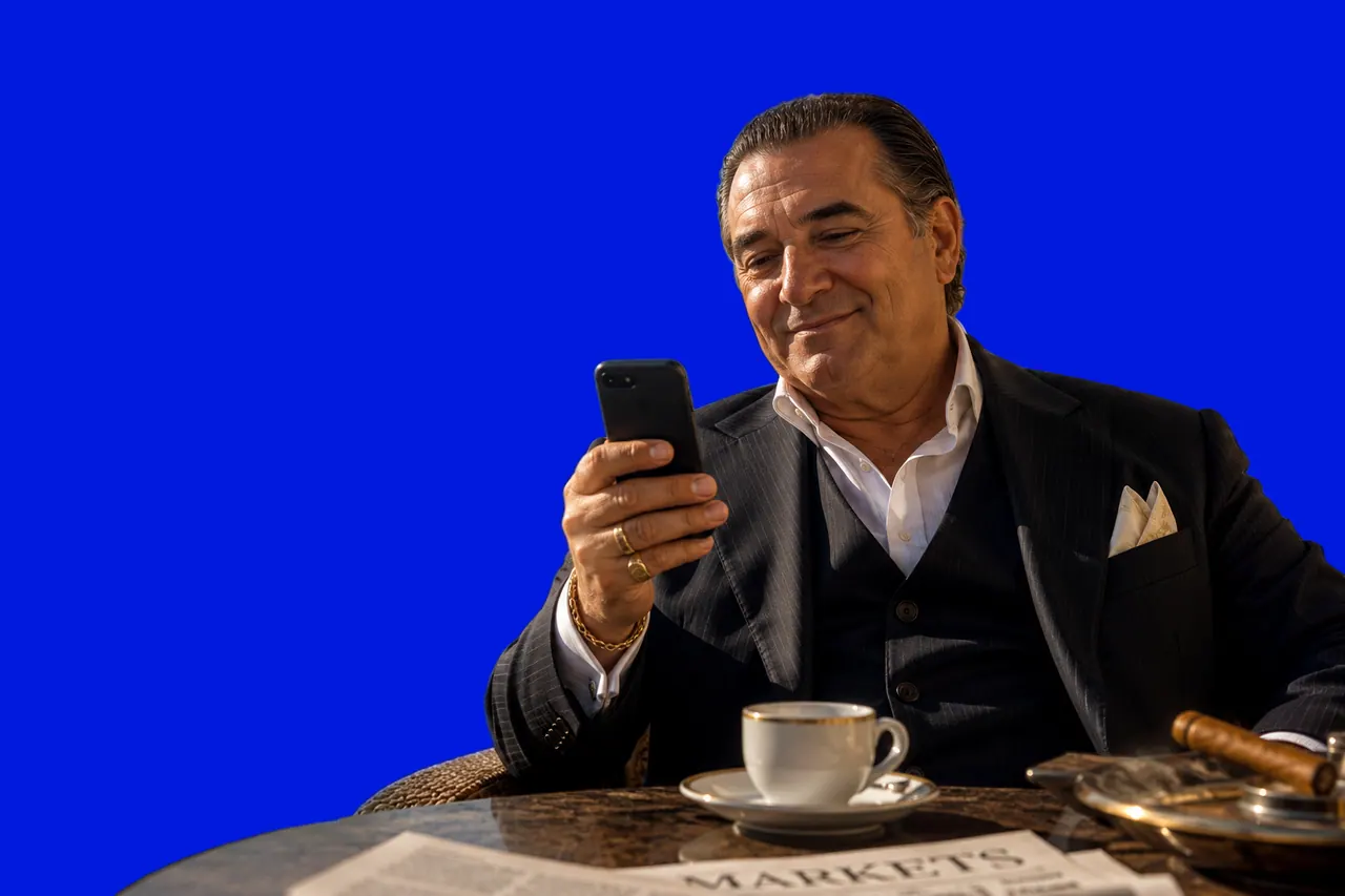 Synthetic-account portrait — a figure consulting their phone, evoking the calm confidence of a sandbox owner in full control of their data.